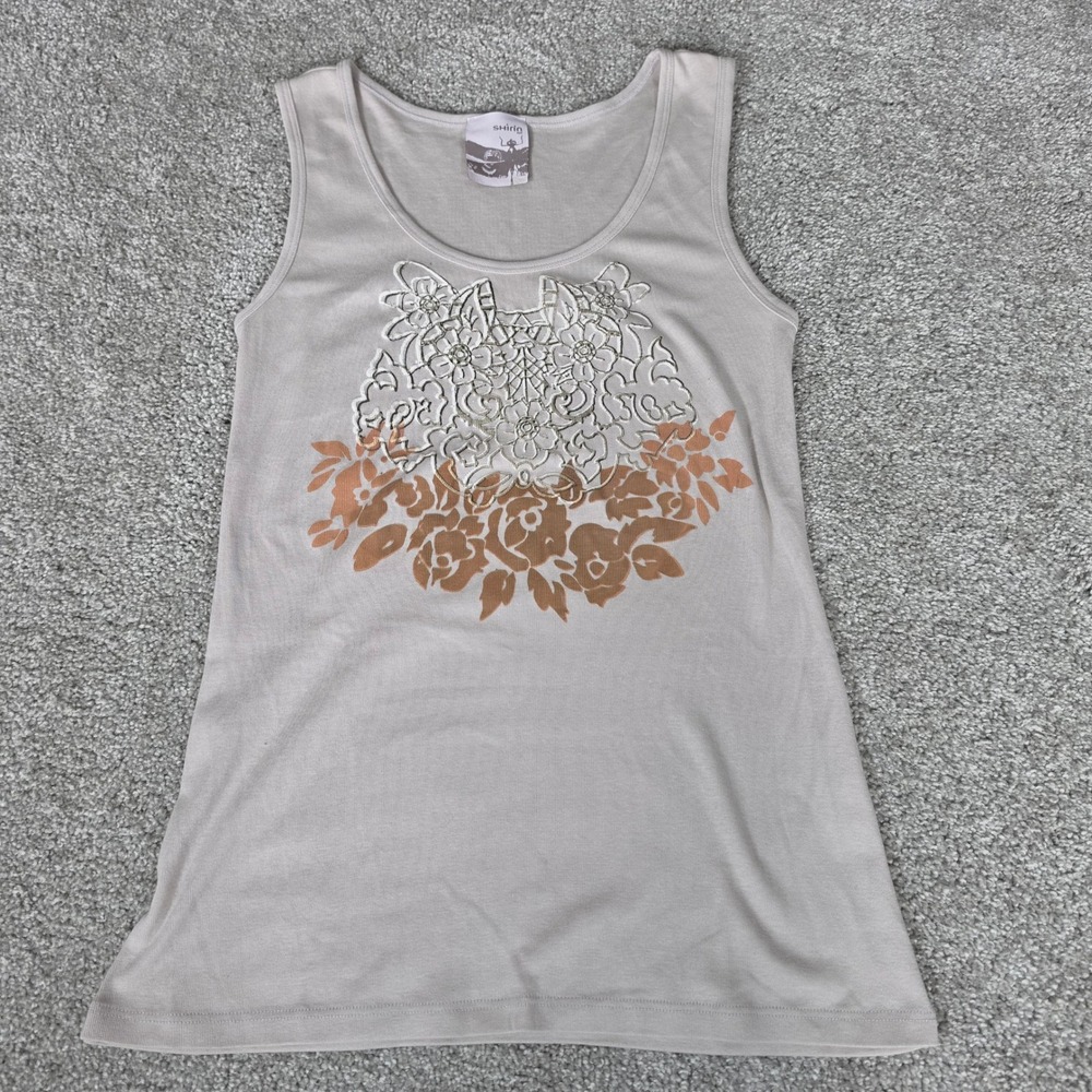 Shirin NYC Women Beige 100% Organic Cotton Floral Graphic Tank Top Small
